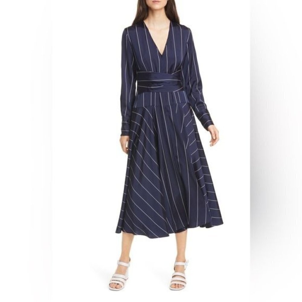 La Ligne New York Sadie Striped V Neck Long Sleeve Midi Dress Navy Blue White S